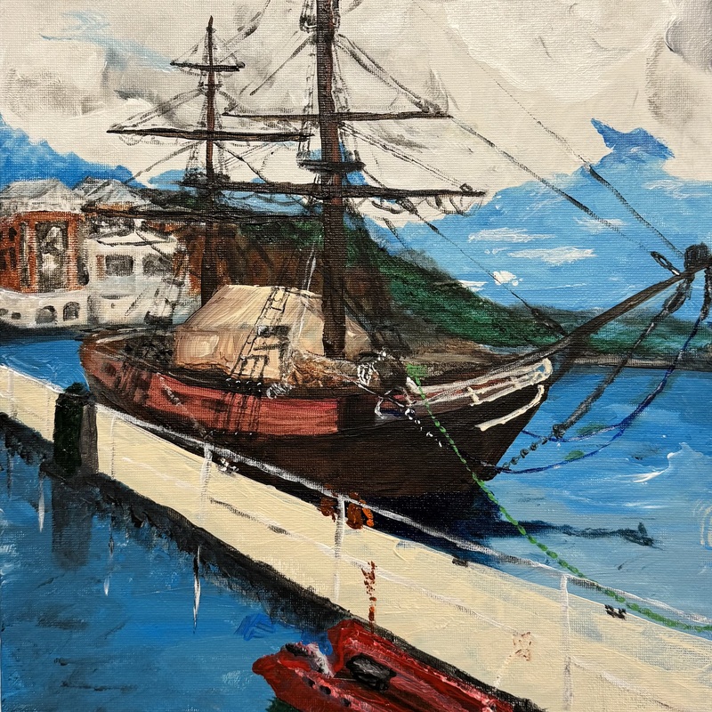 Belfast Harbour

In April 2023, we visited Northern Ireland. Walking around Belfast, we found ourselves in the Harbour area. When we saw the bright red dinghy next to this ship, we knew it was perfect for a challenging painting.

Painted off and on over a few weeks in March and April, 2026

Acrylic on canvas board
11 x 14