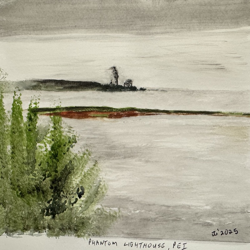 “The Phantom Lighthouse”

This lighthouse can only be seen under rare conditions in PEI. It has to be a dull sky and grey waters and you have to look toward the horizon on a promontory to the east of Gascoigne Cove and wish for the lighthouse to appear.
Completed 3 Aug, 2025