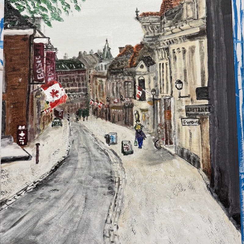 ”Feeling Liberated”

Based on a visit to Bergen-op-zoom in October 2018. After arriving by train we walked into town to be greeted with lots of Canadian flags. We were there to visit the war grave of my wife’s uncle.

Painted off and on over a few weeks, completing on March 12th, 2026

Acrylic on canvas board
11 x 14