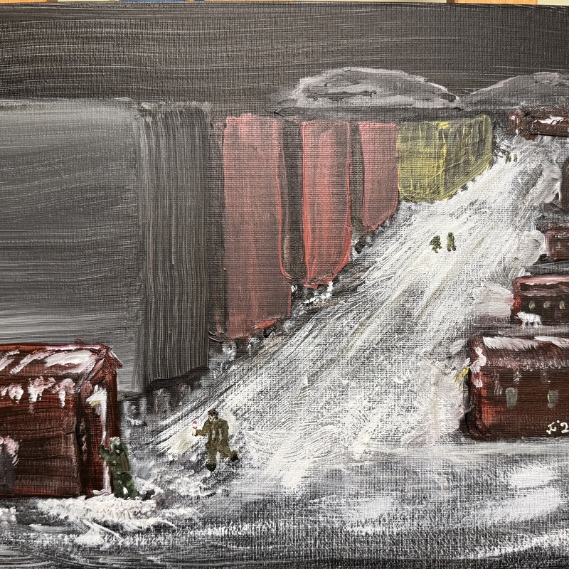 ”Night’s Watch”
(With full credit to George R.R. Martin’s Game of Thrones as inspiration for the title and a couple of lines)

As far north as one can go and not be standing on the wall of ice known as the Arctic Ocean, a contingent of servicemen and women spent some of the world’s longest nights with their eyes and ears focused beyond the wall. 

They left their families behind to live with both the stressful and the wonderful moments on their own. These Frozen Chosen were as young as 19 or as old as well-seasoned leaders, some spent their long night amongst the large arctic wolves (one could call dire), blinding arctic blizzards and the rare polar bear.

Sunless days continued for months on end making sunrise worthy of a carnival with silly games and contests to celebrate the long awaited daylight.

They did drink and they knew things. 

Lastly, They have lost comrades, but the north remembers.

I’ve been imagining this painting for quite a few years, but since it is based on faded memories of four long nights I kept putting it off. In 1979, the old operations building in the foreground was still in use as the new building was being completed next to it, along with the new barracks. My vague memory is stepping down a few steps as the building had been sinking into the permafrost. Painted April 20, 2026

Acrylic on canvas board
11 x 14